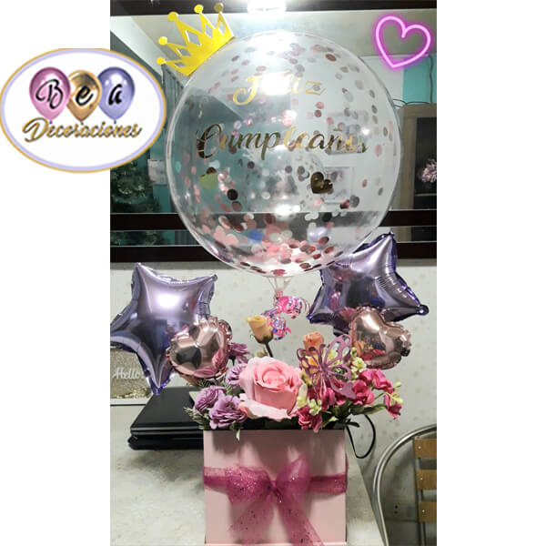 espada pulmón arrebatar Bouquet con globos burbuja con confeti y flores artificiales – Decoraciones  Bea